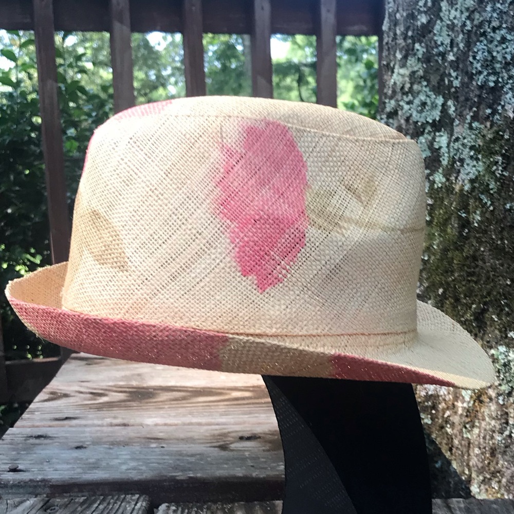 Straw hat with pale pink and green floral print